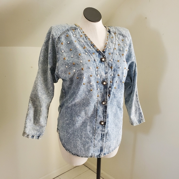 80s 90s Acid Wash Studded Denim Shacket Vintage - Picture 1 of 12